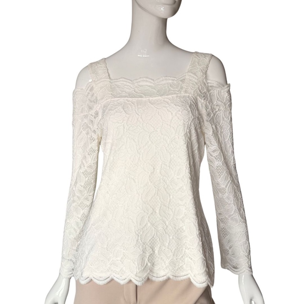 Chico's Cream Lace Cold Shoulder Top With Sheer Sleeves Size 1 (Medium) NWT